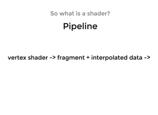So what is a shader?So what is a shader?
PipelinePipeline
vertex shader -> fragment + interpolated data ->vertex shader -> fragment + interpolated data ->
 