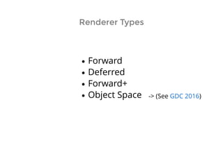 Renderer TypesRenderer Types
-> (See )GDC 2016
Forward
Deferred
Forward+
Object Space
 