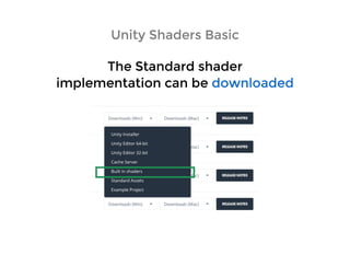 Unity Shaders BasicUnity Shaders Basic
The Standard shaderThe Standard shader
implementation can beimplementation can be downloadeddownloaded
 