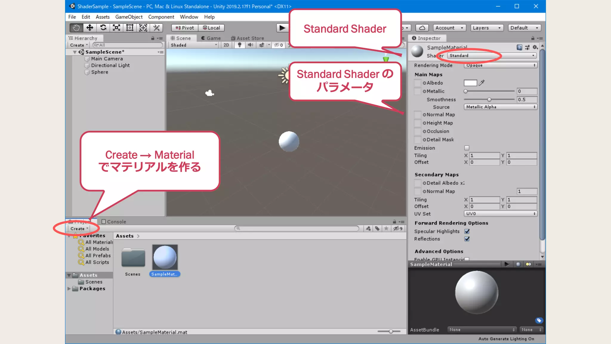 Create → Material
でマテリアルを作る
Standard Shader
Standard Shader の
パラメータ
 