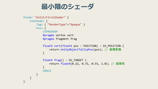 Shader "Unlit/FirstShader" {
SubShader {
Tags { "RenderType"="Opaque" }
Pass {
CGPROGRAM
#pragma vertex vert
#pragma fragment frag
float4 vert(float4 pos : POSITION) : SV_POSITION {
return UnityObjectToClipPos(pos); // 座標変換
}
float4 frag() : SV_TARGET {
return float4(0.22, 0.71, 0.55, 1.0); // 翡翠色
}
ENDCG
}
}
}
最⼩限のシェーダ
 