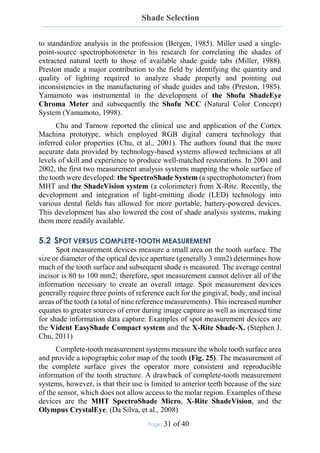 Shade Selection
Page: 31 of 40
to standardize analysis in the profession (Bergen, 1985). Miller used a single-
point-source spectrophotometer in his research for correlating the shades of
extracted natural teeth to those of available shade guide tabs (Miller, 1988).
Preston made a major contribution to the field by identifying the quantity and
quality of lighting required to analyze shade properly and pointing out
inconsistencies in the manufacturing of shade guides and tabs (Preston, 1985).
Yamamoto was instrumental in the development of the Shofu ShadeEye
Chroma Meter and subsequently the Shofu NCC (Natural Color Concept)
System (Yamamoto, 1998).
Chu and Tarnow reported the clinical use and application of the Cortex
Machina prototype, which employed RGB digital camera technology that
inferred color properties (Chu, et al., 2001). The authors found that the more
accurate data provided by technology-based systems allowed technicians at all
levels of skill and experience to produce well-matched restorations. In 2001 and
2002, the first two measurement analysis systems mapping the whole surface of
the tooth were developed: the SpectroShade System (a spectrophotometer) from
MHT and the ShadeVision system (a colorimeter) from X-Rite. Recently, the
development and integration of light-emitting diode (LED) technology into
various dental fields has allowed for more portable, battery-powered devices.
This development has also lowered the cost of shade analysis systems, making
them more readily available.
5.2 SPOT VERSUS COMPLETE-TOOTH MEASUREMENT
Spot measurement devices measure a small area on the tooth surface. The
size or diameter of the optical device aperture (generally 3 mm2) determines how
much of the tooth surface and subsequent shade is measured. The average central
incisor is 80 to 100 mm2; therefore, spot measurement cannot deliver all of the
information necessary to create an overall image. Spot measurement devices
generally require three points of reference each for the gingival, body, and incisal
areas of the tooth (a total of nine reference measurements). This increased number
equates to greater sources of error during image capture as well as increased time
for shade information data capture. Examples of spot measurement devices are
the Vident EasyShade Compact system and the X-Rite Shade-X. (Stephen J.
Chu, 2011)
Complete-tooth measurement systems measure the whole tooth surface area
and provide a topographic color map of the tooth (Fig. 25). The measurement of
the complete surface gives the operator more consistent and reproducible
information of the tooth structure. A drawback of complete-tooth measurement
systems, however, is that their use is limited to anterior teeth because of the size
of the sensor, which does not allow access to the molar region. Examples of these
devices are the MHT SpectroShade Micro, X-Rite ShadeVision, and the
Olympus CrystalEye. (Da Silva, et al., 2008)
 