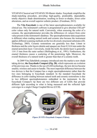 Shade Selection
Page: 34 of 40
VITAPAN Classical and VITAPAN 3D-Master shades. Easyshade simplifies the
shade-matching procedure, providing high-quality, predictable, dependable,
totally objective shade determination, resulting in fewer re-shades, fewer color
alterations, and an overall superior esthetic product. (Freedman, 2012)
The Vita Easyshade is one of the latest spectrophotometers available for
clinical use. The instrument's software is programmed to give absolute CIELab*
color values only for natural teeth. Conversely, when assessing the color of a
ceramic, the spectrophotometer provides the differences (Δ values) from color
value presets in the instrument's database. The spectrophotometer data acquisition
is different when reading natural tooth and ceramic also because the instrument
applies different scanning methods on the two diversely structured substrates (JJL
Technology, 2003). Ceramic restorations are generally less than 1.6mm in
thickness and the color layers (dentin and opaque) are from 0.2-0.4 mm under the
enamel porcelain layer. Conversely, inside the teeth, the dentin layer is generally
1.0-1.5 mm from the outer surface (Shillingburg et al., 1991). Furthermore, the
enamel thickness causes a scattering of the penetrating light. Moreover, the
overall thickness of a natural tooth is greater than that of a ceramic tooth.
In 2009 Vita Zahnfabrik comapny introduced onto the market a new shade
taking device, the Easyshade Compact (Fig. 28), which represents an evolution
of the previous one. Thanks to the use of LED technology, the new device became
smaller, wireless and easier to handle. The most important difference between the
two devices is that the Compact has a single spectrophotometer rather than the
two ones belonging to Easyshade standard. In the standard Easyshade the
difference in color reading between natural teeth and ceramic restorations is due
to two different spectrophotometers embedded in the instrument. In the
Easyshade Compact's tip there are two different sets of LEDs that provide
different light according to what is being measured and the reflected light
converges in a single Charge Coupled Device (CCD).
Figure 28 VITA Easyshade Compact (Vident).
 
