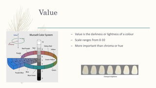 Value
– Value is the darkness or lightness of a colour
– Scale ranges from 0-10
– More important than chroma or hue
 