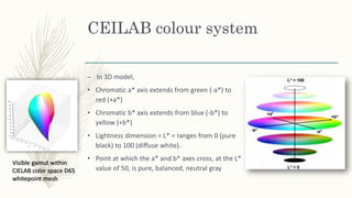 CEILAB colour system
– In 3D model,
• Chromatic a* axis extends from green (-a*) to
red (+a*)
• Chromatic b* axis extends from blue (-b*) to
yellow (+b*)
• Lightness dimension = L* = ranges from 0 (pure
black) to 100 (diffuse white).
• Point at which the a* and b* axes cross, at the L*
value of 50, is pure, balanced, neutral gray
Visible gamut within
CIELAB color space D65
whitepoint mesh
 