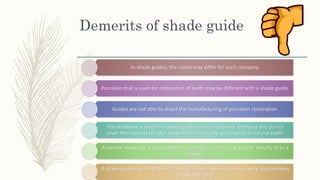 Demerits of shade guide
In shade guides, the colors may differ for each company.
Porcelain that is used for restoration of teeth may be different with a shade guide.
Guides are not able to direct the manufacturing of porcelain restoration.
The shades of a tooth in a shade guide are not rationally arranged and do not
cover the capacity of color space that is normally unoccupied in natural teeth.
A normal shade tab is prepared from synthetic resin having greater density than a
crown.
A shade guide tab reflects and transforms light-forming translucency and provides
a look of vitality
 