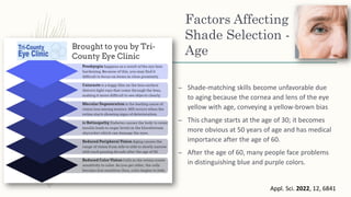 Factors Affecting
Shade Selection -
Age
– Shade-matching skills become unfavorable due
to aging because the cornea and lens of the eye
yellow with age, conveying a yellow-brown bias
– This change starts at the age of 30; it becomes
more obvious at 50 years of age and has medical
importance after the age of 60.
– After the age of 60, many people face problems
in distinguishing blue and purple colors.
Appl. Sci. 2022, 12, 6841
 