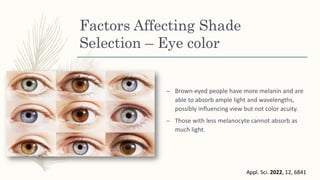 Factors Affecting Shade
Selection – Eye color
– Brown-eyed people have more melanin and are
able to absorb ample light and wavelengths,
possibly influencing view but not color acuity.
– Those with less melanocyte cannot absorb as
much light.
Appl. Sci. 2022, 12, 6841
 