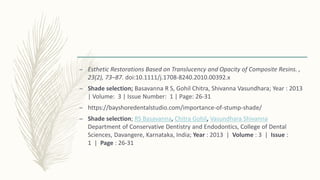 – Esthetic Restorations Based on Translucency and Opacity of Composite Resins. ,
23(2), 73–87. doi:10.1111/j.1708-8240.2010.00392.x
– Shade selection; Basavanna R S, Gohil Chitra, Shivanna Vasundhara; Year : 2013
| Volume: 3 | Issue Number: 1 | Page: 26-31
– https://bayshoredentalstudio.com/importance-of-stump-shade/
– Shade selection; RS Basavanna, Chitra Gohil, Vasundhara Shivanna
Department of Conservative Dentistry and Endodontics, College of Dental
Sciences, Davangere, Karnataka, India; Year : 2013 | Volume : 3 | Issue :
1 | Page : 26-31
 