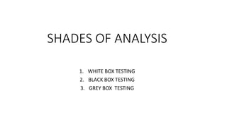 SHADES OF ANALYSIS
1. WHITE BOX TESTING
2. BLACK BOX TESTING
3. GREY BOX TESTING
 