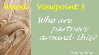 Wood. Viewpoint 3
Who are
partners
around this?
Engagement
 