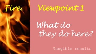 Fire. Viewpoint 1
What do
they do here?
Tangible results
 