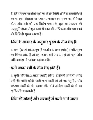 है, जजसमें एक या दोनों पक्षों का ववशेष ववगध से ननज जननेजन्रयों
का परस्पर नघसना या रगडना, फलस्वरूप पुरूष का वीयथपात
होना और स्री को एक ववशेष प्रकार क
े सुख या आनन्द की
अनुभूनत होना, मैथुन कायथ में काल की अगधकता और इस कायथ
की ववगध ही मुख्य कारण है।
सलुंग क
े आकार क
े अनुिार पुरूष क
े तीन भेद हैं।
1. शश (खरगोश), 2. वृष (बैल) और 3. अश्व (घोडा) । यदद पुरूष
का लशश्न छोटा है तो वह ‘शश’, यदद मध्यम हो तो ‘वृष’ और
यदद बडा हो तो ‘अश्व’ कहलाता है।
इिी प्रकार स्री क
े तीन भेद होते हैं।
1. मृगी (हररणी), 2. बढवा (घोडी) और 3. हजस्तनी (हगथनी)। यदद
स्री की योनन छोटी यानी कम गहरी हो तो वह ‘मृगी’, यदद
मध्यम गहरी हो तो ‘बढवा’ और यदद अगधक गहरी हो तो वह
‘हजस्तनी’ कहलाती है।
सलुंग की मोटाई और लम्बाई में कमी आते जाना
 