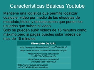 Características Básicas Youtube Mantiene una logística que permite localizar cualquier video por medio de las etiquetas de metadato,títulos y descripciones que ponen los usuarios que suben el video. 