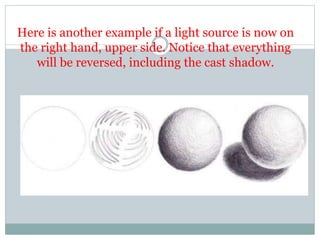 Here is another example if a light source is now on
the right hand, upper side. Notice that everything
will be reversed, including the cast shadow.
 