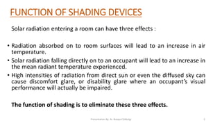 FUNCTION OF SHADING DEVICES
Solar radiation entering a room can have three effects :
• Radiation absorbed on to room surfaces will lead to an increase in air
temperature.
• Solar radiation falling directly on to an occupant will lead to an increase in
the mean radiant temperature experienced.
• High intensities of radiation from direct sun or even the diffused sky can
cause discomfort glare, or disability glare where an occupant’s visual
performance will actually be impaired.
The function of shading is to eliminate these three effects.
Presentation By- Ar. Roopa Chikkalgi 2
 