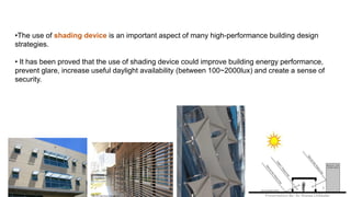 •The use of shading device is an important aspect of many high-performance building design
strategies.
• It has been proved that the use of shading device could improve building energy performance,
prevent glare, increase useful daylight availability (between 100~2000lux) and create a sense of
security.
Presentation By- Ar. Roopa Chikkalgi
3
 