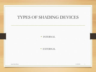 TYPES OF SHADING DEVICES
• INTERNAL
• EXTERNAL
11/29/2016
Suyash Sahu IIIsem 5
 