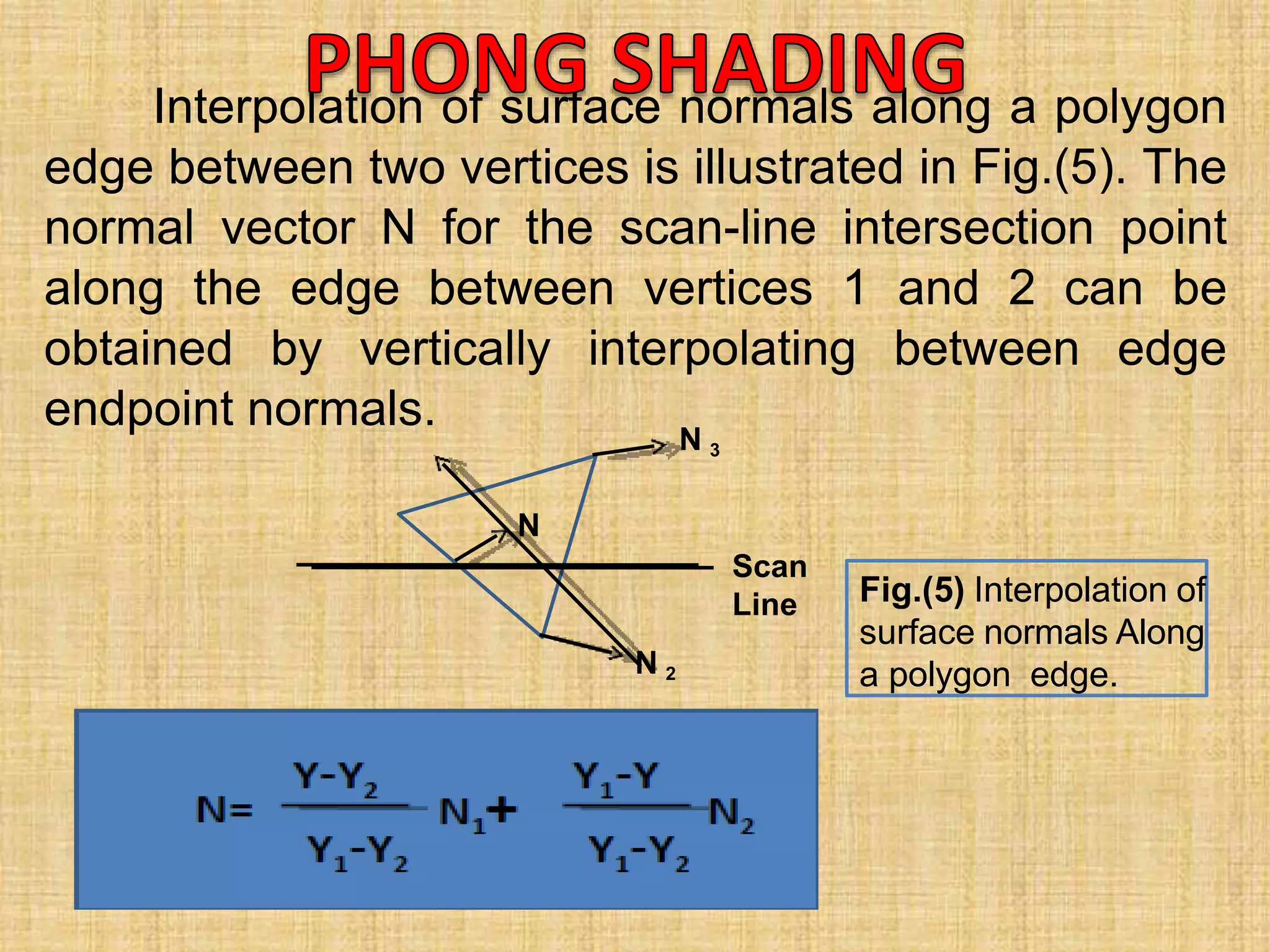 Interpolation of surface normals along a polygon
edge between two vertices is illustrated in Fig.(5). The
normal vector N for the scan-line intersection point
along the edge between vertices 1 and 2 can be
obtained by vertically interpolating between edge
endpoint normals.
Scan
Line
N
N 3
N 2
Fig.(5) Interpolation of
surface normals Along
a polygon edge.
 
