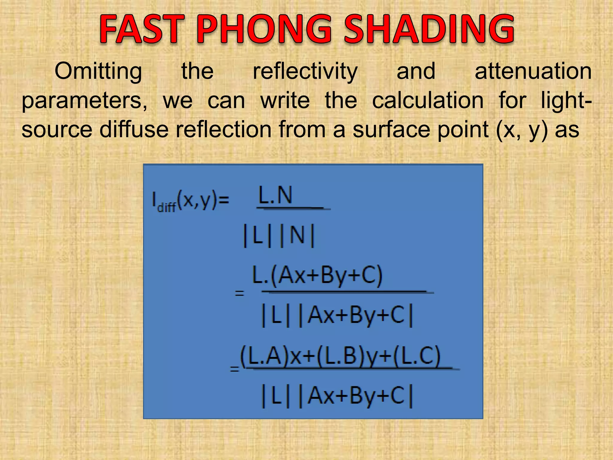 Omitting the reflectivity and attenuation
parameters, we can write the calculation for light-
source diffuse reflection from a surface point (x, y) as
 