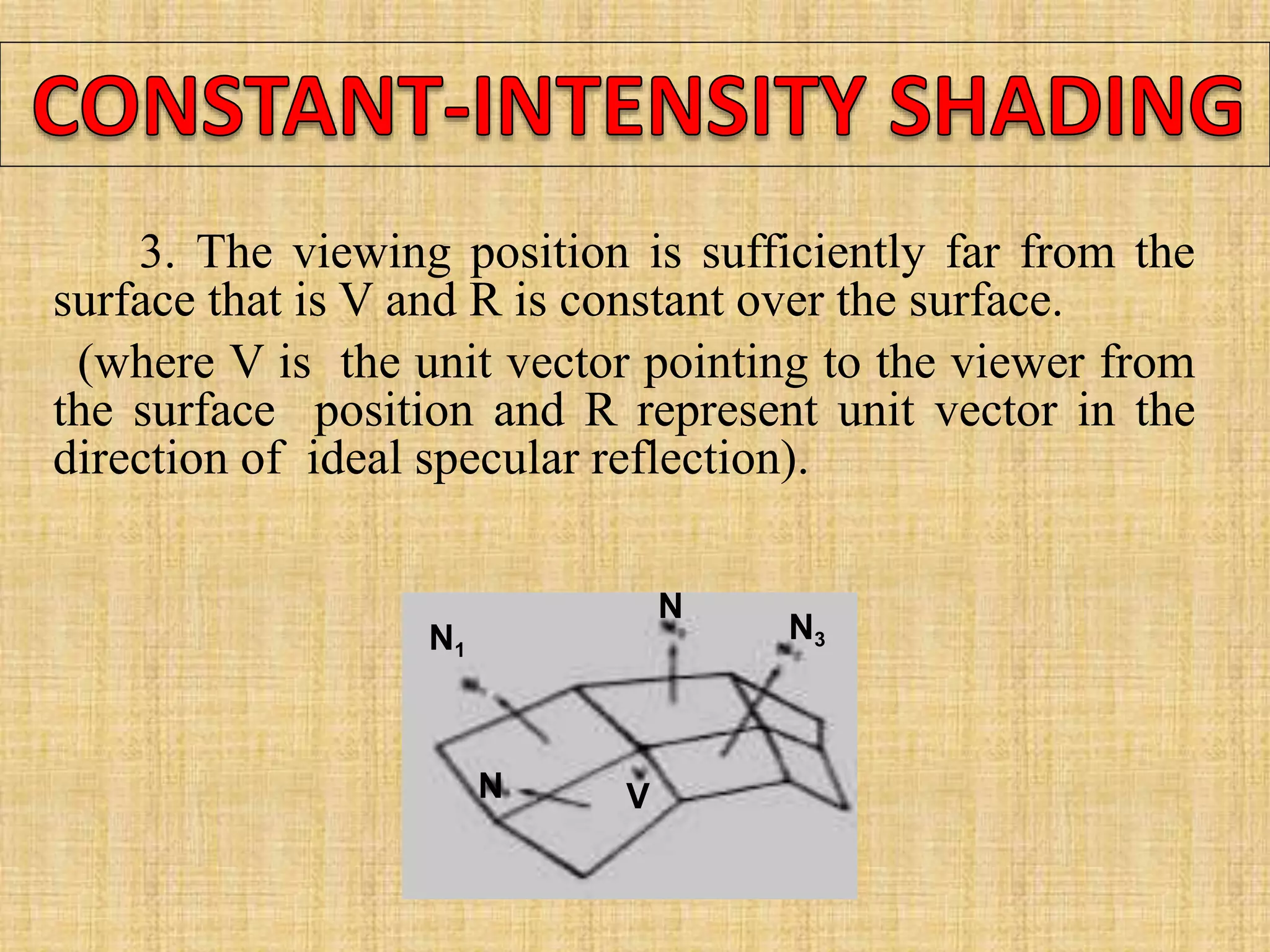 3. The viewing position is sufficiently far from the
surface that is V and R is constant over the surface.
(where V is the unit vector pointing to the viewer from
the surface position and R represent unit vector in the
direction of ideal specular reflection).
N
N1
N
N3
V
 
