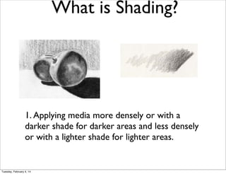 What is Shading?

1. Applying media more densely or with a
darker shade for darker areas and less densely
or with a lighter shade for lighter areas.

Tuesday, February 4, 14

 