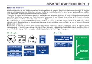Manual Básico de Segurança no Trânsito 53
Placas de indicação
As placas de indicação têm por finalidade indicar as vias e locais de interesse, bem como orientar os condutores de veículos
quanto a percursos, destinos, distâncias e serviços auxiliares, podendo também ter como função a educação do usuário.
Suas mensagens possuem caráter informativo ou educativo.
São placas de identificação de rodovias e estradas (Pan-Americana, federais e estaduais); de municípios; de regiões de interesse
de tráfego e logradouros; de pontes, viadutos, túneis e passarelas; de identificação quilométrica; de limite de municípios,
divisa de estados, fronteira e perímetro urbano; e de pedágio.
Há ainda placas de orientação de destino (placas indicativas de sentido ou direção; placas indicativas de distância; e placas
diagramadas). Há também placas educativas e placas de serviços auxiliares, estas podendo ser placas para condutores e
placas para pedestres.
Finalmente, há placas que indicam atrativos turísticos (naturais, históricos e culturais, locais para prática de esportes, áreas
de recreação e locais para atividades de interesse turístico). As placas podem indicar, de maneira geral, o atrativo turístico,
o sentido de direção do atrativo turístico e a distância do atrativo turístico. Alguns exemplos:
Orientação
Identificação
 