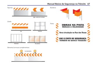 Manual Básico de Segurança no Trânsito 67
sentido de circulação
Tapumes
Dobrável
Fixo
Gradis
Tela plástica
Modulado
Elementos luminosos complementares
luz intermitente
Bandeiras
Faixas
 
