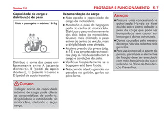 PILOTAGEM E FUNCIONAMENTO 5-
Shadow 750
Distribua a soma dos pesos uni­
for­memente entre A (assento
dian­teiro), B (pedal de apoio
dianteiro), C (assento traseiro) e	
D (pedal de apoio traseiro).
Piloto + passageiro = máximo 194 kg
Recomendação de carga
	Não exceda a capacidade de
carga da motocicleta.
	Mantenha o peso da bagagem
perto do centro da motocicleta.
Distribua o peso uniformemente
dos dois lados da motocicleta.
Quanto mais afastado o peso	
estiver do centro do veículo, mais
a dirigibilidade será afetada.
	Ajuste a pressão dos pneus (pág.
6-18) e os amortecedores trasei-
ros (pág. 6-14) de acordo com a
carga e condições da pista.
	Verifique freqüentemente se a
bagagem está bem fixada.
	Não prenda objetos grandes ou
pesados no guidão, garfos ou
pára-lama.
Capacidade de carga e
distribuição de peso
Trafegar acima da capacidade
má­xima de carga pode alterar
as características de conforto,
dirigi­bi­lidade e estabilidade da
motocicleta, afetando a segu-
rança.
Cuidado
	Procure uma concessionária
autorizada Honda se tiver
dúvida sobre como calcular o
peso da carga que pode ser
transportada sem causar so-
brecarga e danos estruturais.
	Danos causados pelo excesso
de carga não são cobertos pela
garantia.
	Para uso comercial: o aperto de
porcas, parafusos e elementos
de fixação deve ser executado
com mais freqüência do que o
indicado no Plano de Manuten-
ção Preventiva.
Atenção
!
 