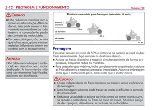 5-12 PILOTAGEM E FUNCIONAMENTO Shadow 750
Não pilote nem reboque a moto-
cicleta em descidas com o motor
desligado. A transmissão não
será corretamente lubrifi­cada,
podendo ser danificada.
Atenção
	Não reduza as marchas com o
motor em alta rotação. Além de
danos, isso pode causar o tra­
va­mento momentâneo da roda
traseira e conseqüente perda
de controle da motocicleta.
	Durante a pilotagem, não permita
que folhas secas, grama e outros
materiais inflamáveis entrem em
contato com o es­ca­pamento.
Cuidado
Frenagem
É possível reduzir em mais de 50% a distância de parada se você souber
frear corretamente. Siga sempre as diretrizes abaixo:
	Acione os freios dianteiro e traseiro simultaneamente de forma pro-
gressiva, enquanto reduz as marchas.
	Para desaceleração máxima, feche completamente o acelerador e acione
os freios dianteiro e traseiro com maior intensidade. Acione a embreagem
antes que a motocicleta pare, para evitar que o motor morra.
traseiro +
dianteiro
só dianteiro
só traseiro
18 m
24 m
35 m
Distância necessária para frenagem (velocidade: 50 km/h)
	 O uso independente do freio dianteiro ou traseiro reduz a eficiên­cia
da frenagem.
	 Uma frenagem extrema pode travar as rodas e dificultar o controle
da motocicleta.
	 Reduza a velocidade e acione os freios antes de entrar numa curva.
Se reduzir a velocidade ou frear no meio da curva, haverá o perigo
de derrapagem, dificultando o controle da motocicleta.
Cuidado
!
!
 