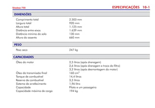 ESPECIFICAÇÕES 10-
Shadow 750
Dimensões
	 Comprimento total 	 2.503 mm	
	 Largura total 	 920 mm
	 Altura total 	 1.125 mm
	 Distância entre eixos 	 1.639 mm
	 Distância mínima do solo 	 130 mm	
	 Altura do assento 	 660 mm	
Peso
	 Peso seco 	 247 kg
Capacidades
	 Óleo do motor	 2,5 litros (após drenagem)	
	 	 2,6 litros (após drenagem e troca do filtro)
	 	 3,2 litros (após desmontagem do motor) 	
	 Óleo da transmissão final	 160 cm3
	 Tanque de combustível 	 14,4 litros
	 Reserva de combustível	 3,5 litros	
	 Sistema de arrefecimento	 1,96 litro
	 Capacidade 	 Piloto e um passageiro 	
	 Capacidade máxima de carga 	 194 kg
	 	
 