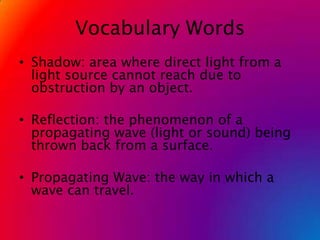 Vocabulary WordsShadow: area where direct light from a light source cannot reach due to obstruction by an object.Reflection: the phenomenon of a propagating wave (light or sound) being thrown back from a surface.Propagating Wave: the way in which a wave can travel.