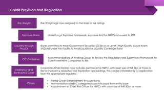 Credit Provision and Regulation
Risk Weight Risk Weightage now assigned on the basis of risk ratings
Exposure Norm Under Large Exposure Framework, exposure limit for NBFCs increased to 20%
Liquidity through
FALLCR
Banks permitted to treat Government Securities (G-Secs) as Level 1 High Quality Liquid Assets
(HQLAs) under the Facility to Avail Liquidity for Liquidity Coverage Ratio
CIC Guidelines
Recommendations of Working Group to Review the Regulatory and Supervisory Framework for
Core Investment Companies to RBI
Others
• Partial Credit Enhancement through Banks
• Harmonization of NBFC categories to activity base from entity base
• Appointment of Chief Risk Officer for NBFCs with asset size of INR 50bn or more
Insolvency and
Bankruptcy Code
Corporate Affairs Ministry now includes permission for NBFCs with asset size of INR 5bn or more to
file for insolvency resolution and liquidation proceedings. This can be initiated only by application
from the appropriate regulator.
 