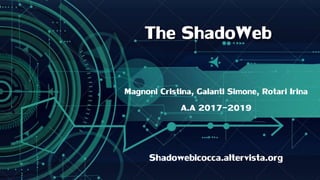 The ShadoWeb
Magnoni Cristina, Galanti Simone, Rotari Irina
A.A 2017-2019
Shadowebicocca.altervista.org
 