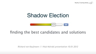 Shadow Election

ﬁnding the best candidates and solutions


    Richard von Kaufmann // iHub Nairobi presentation 10.01.2012
 