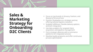 Sales &
Marketing
Strategy for
Onboarding
D2C Clients
• Focus on top brands in Grocery, Fashion, and
Beauty & Personal Care
• Position Shadowfax as a strategic partner,
offering tailored logistics solutions
• Scalable fulfillment, flexible delivery options,
and tech integration
• Use data analytics for targeted client
acquisition and pipeline management
• Form strategic alliances with e-commerce
platforms for integrated services
• Develop loyalty programs and offer continuous
process optimization
 
