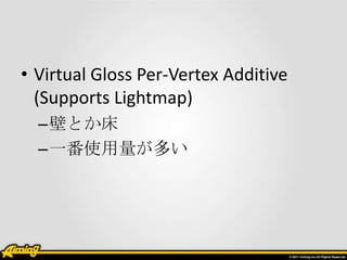 • Virtual Gloss Per-Vertex Additive
  (Supports Lightmap)
  –壁とか床
  –一番使用量が多い
 