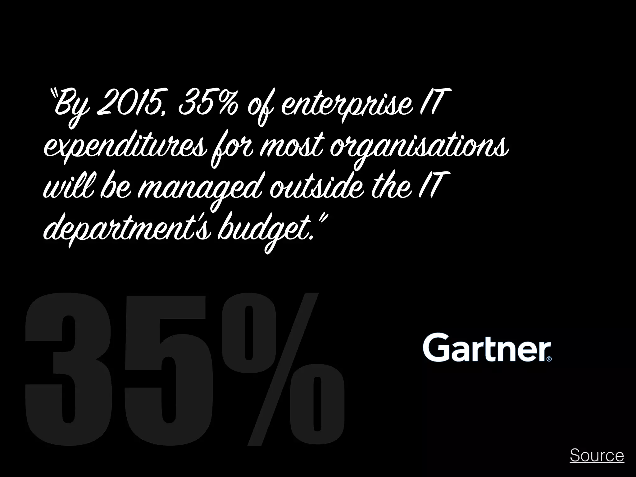 “By 2015, 35% of enterprise IT 
expenditures for most organisations 
will be managed outside the IT 
department’s budget.” 35% Source 
 