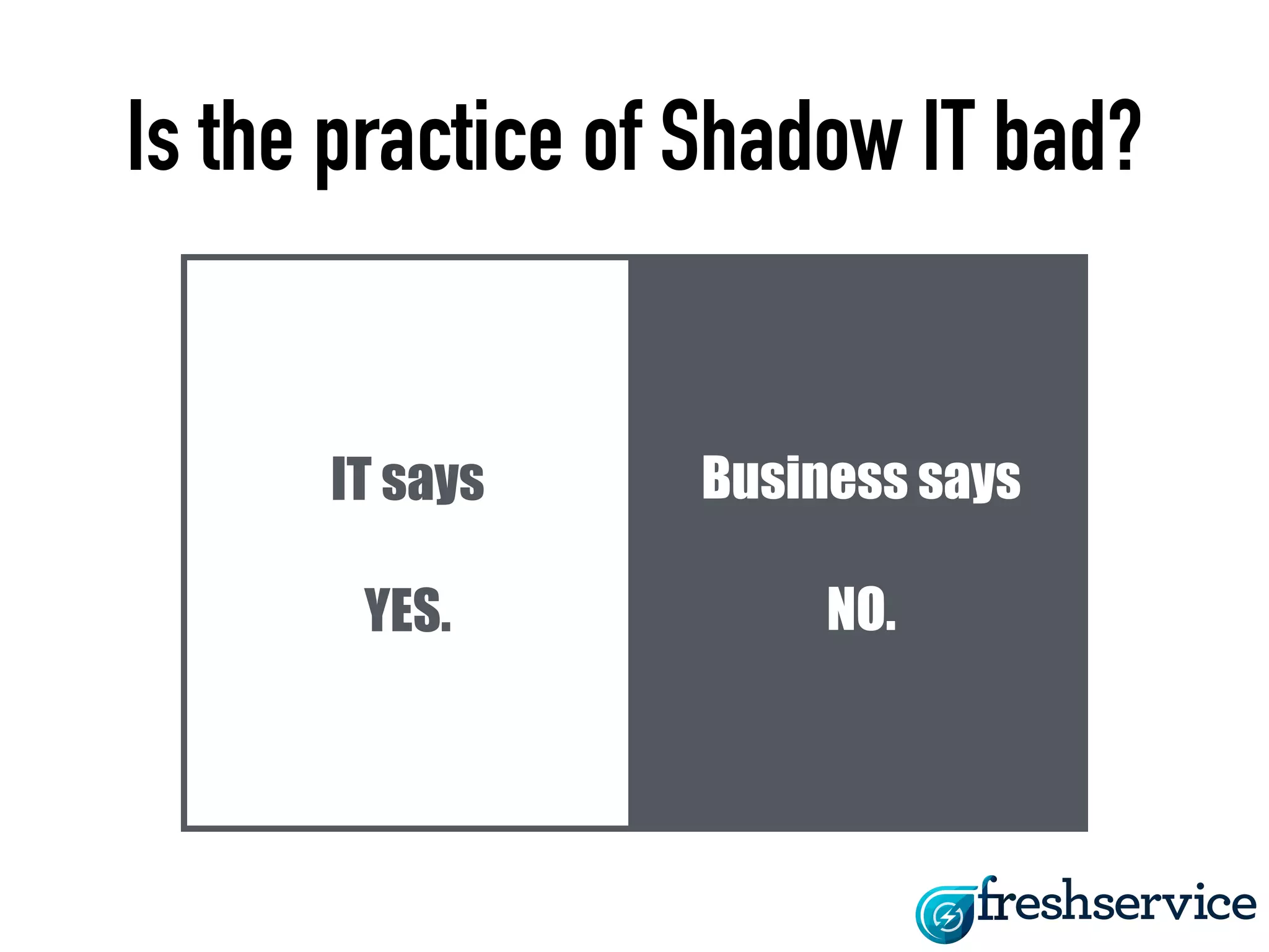 Is the practice of Shadow IT bad? 
Business says 
NO. 
IT says 
YES. 
 