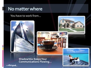 No matter where
 You have to work from…




      ShadowVox Keeps Your
      Communications Flowing…
 