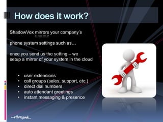 How does it work?
ShadowVox mirrors your company’s

phone system settings such as…

once you send us the setting – we
setup a mirror of your system in the cloud


    •   user extensions
    •   call groups (sales, support, etc.)
    •   direct dial numbers
    •   auto attendant greetings
    •   instant messaging & presence
 