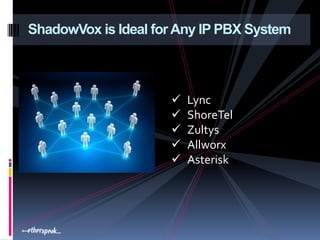 ShadowVox is Ideal for Any IP PBX System



                        Lync
                        ShoreTel
                        Zultys
                        Allworx
                        Asterisk
 