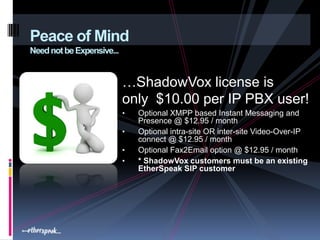 Peace of Mind
Need not be Expensive...


                           …ShadowVox license is
                           only $10.00 per IP PBX user!
                           •   Optional XMPP based Instant Messaging and
                               Presence @ $12.95 / month
                           •   Optional intra-site OR inter-site Video-Over-IP
                               connect @ $12.95 / month
                           •   Optional Fax2Email option @ $12.95 / month
                           •   * ShadowVox customers must be an existing
                               EtherSpeak SIP customer
 