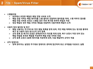 17
17
 스팸필터링
 외부에서 유입된 메일은 메일 전달 서버로 도착
 메일 전달 서버는 메일 데이터를 스팸 필터로 전달하여 필터링을 하며, 스팸 여부의 결과를
메일 전달 서버로 보내고 스팸일 경우 추후 복구를 위하여 파일로 저장
 정상 메일인 경우 메일 서버로 메일을 전달하여 사용자에게 메일이 도착
 사용자 정의 필터링 및 복구
 메일 사용자는 주기적으로 차단 메일 목록을 받게 되며, 차단 메일 목록에 있는 링크를 통하여
복구 및 사용자 정의 송수신자 규칙 등록
 규칙 등록 및 복구의 요청은 정책관리자가 처리를 하게 되며, 복구 요청시 저장 되어 있는
메일 파일을 토대로 메일을 작성하여 메일 전달 서버로 전달
 규칙 등록 요청시 DB에 데이터를 저장하게 되며, 다음 메일부터 규칙이 적용
 규칙 업데이트
 정책 관리자는 설정된 주기대로 업데이트 센터에 접근하여 최신 규칙들을 다운로드 실행
2 기능 - Spam/Virus Filter
 