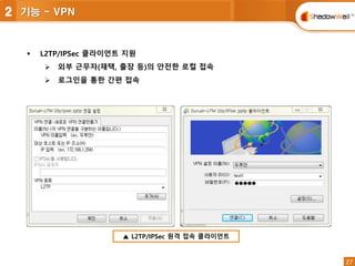 27
27
 L2TP/IPSec 클라이언트 지원
 외부 근무자(재택, 출장 등)의 안전한 로컬 접속
 로그인을 통한 간편 접속
▲ L2TP/IPSec 원격 접속 클라이언트
2 기능 - VPN
 