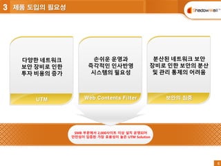 6
6
3 제품 도입의 필요성
SMB 부문에서 2,000사이트 이상 설치 운영되어
안전성이 입증된 가장 효용성이 높은 UTM Solution
손쉬운 운영과
즉각적인 인사반영
시스템의 필요성
분산된 네트워크 보안
장비로 인한 보안의 분산
및 관리 통제의 어려움
Web Contents Filter 보안의 집중
다양한 네트워크
보안 장비로 인한
투자 비용의 증가
UTM
 