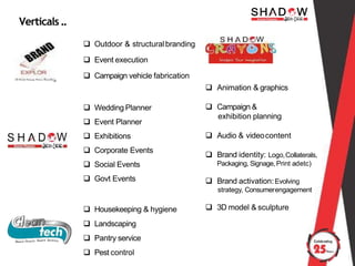  Animation & graphics
 Campaign &
exhibition planning
 Audio & videocontent
 Brand identity: Logo,Collaterals,
Packaging, Signage, Print adetc)
 Brand activation:Evolving
strategy, Consumerengagement
 3D model & sculpture
Verticals..
 Outdoor & structuralbranding
 Event execution
 Campaign vehicle fabrication
 Wedding Planner
 Event Planner
 Exhibitions
 Corporate Events
 Social Events
 Govt Events
 Housekeeping & hygiene
 Landscaping
 Pantry service
 Pest control
 