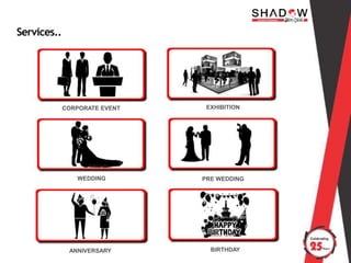 Services..
WEDDING PRE WEDDING
CORPORATE EVENT EXHIBITION
ANNIVERSARY BIRTHDAY
 
