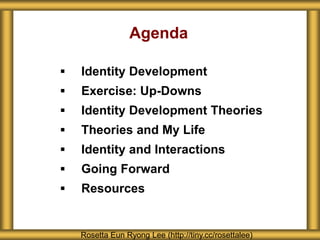 Agenda
 Identity Development
 Exercise: Up-Downs
 Identity Development Theories
 Theories and My Life
 Identity and Interactions
 Going Forward
 Resources
Rosetta Eun Ryong Lee (http://tiny.cc/rosettalee)
 