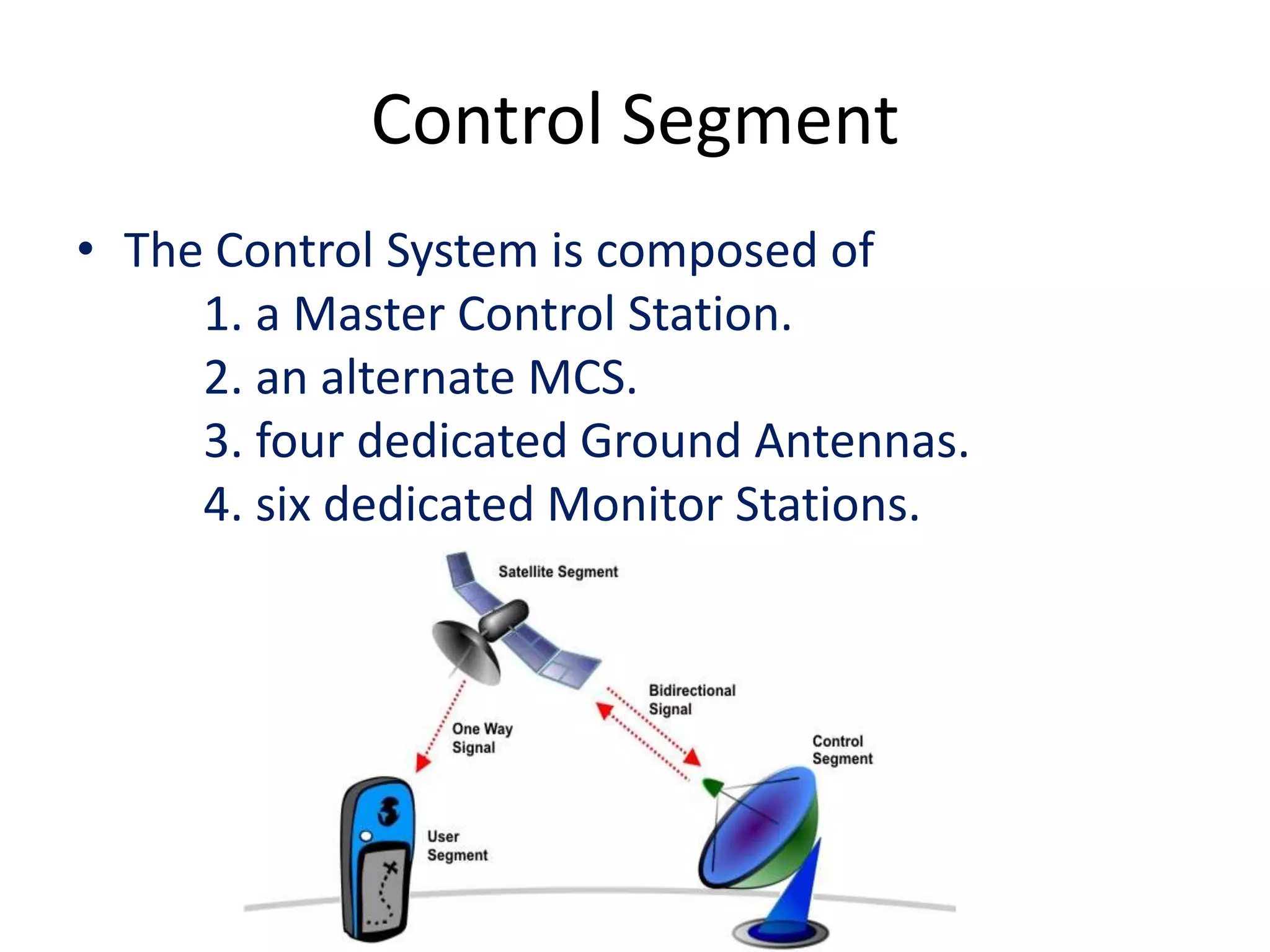 Control Segment
• The Control System is composed of
1. a Master Control Station.
2. an alternate MCS.
3. four dedicated Ground Antennas.
4. six dedicated Monitor Stations.
 